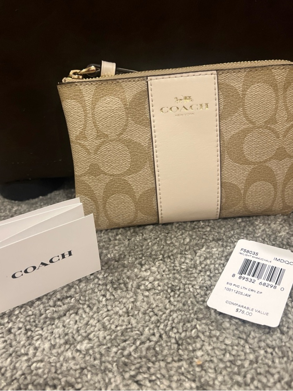 Coach Beige Signature Canvas Wristlet with Cream Center Panel